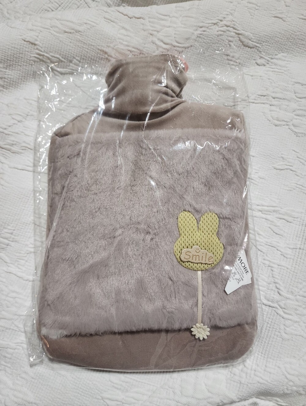 Cozy Taupe Faux Fur Hot Water Bottle & Cover with 'Smile' Bunny Patch